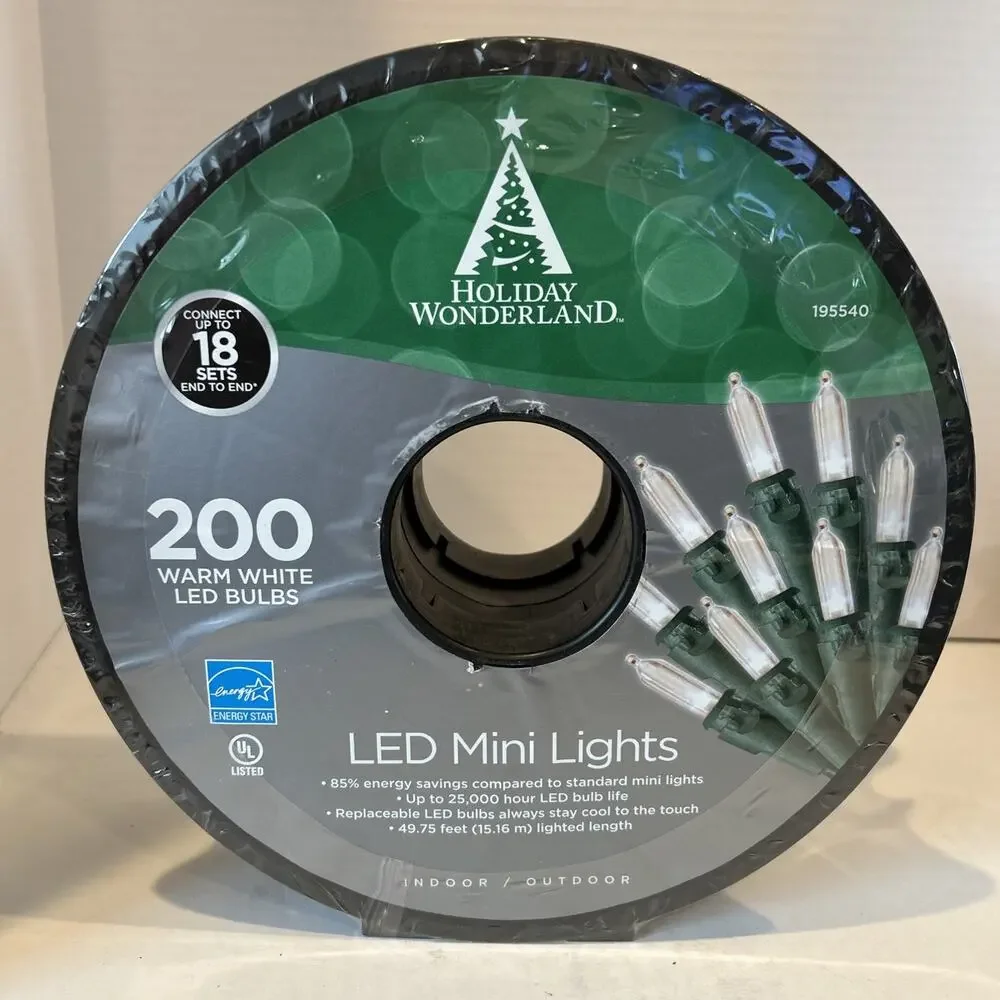 Holiday Wonderland LED Mini Lights - 200 Warm White LED Bulbs - 49.75’